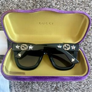 GUCCI GG0208S Diamond Star GG Gold Detail Logo Cat Eye Black Sunglasses
